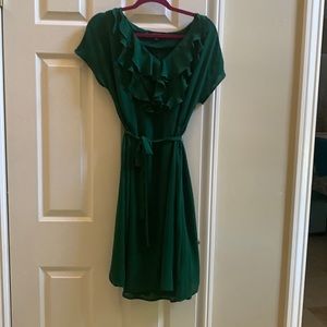 Never worn Land End dark green ruffled top dress. Includes lining and belt